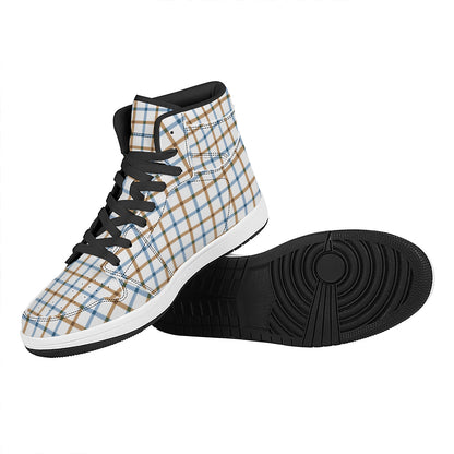 Blue And Brown Tattersall Pattern Print High Top Leather Sneakers