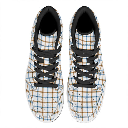 Blue And Brown Tattersall Pattern Print High Top Leather Sneakers