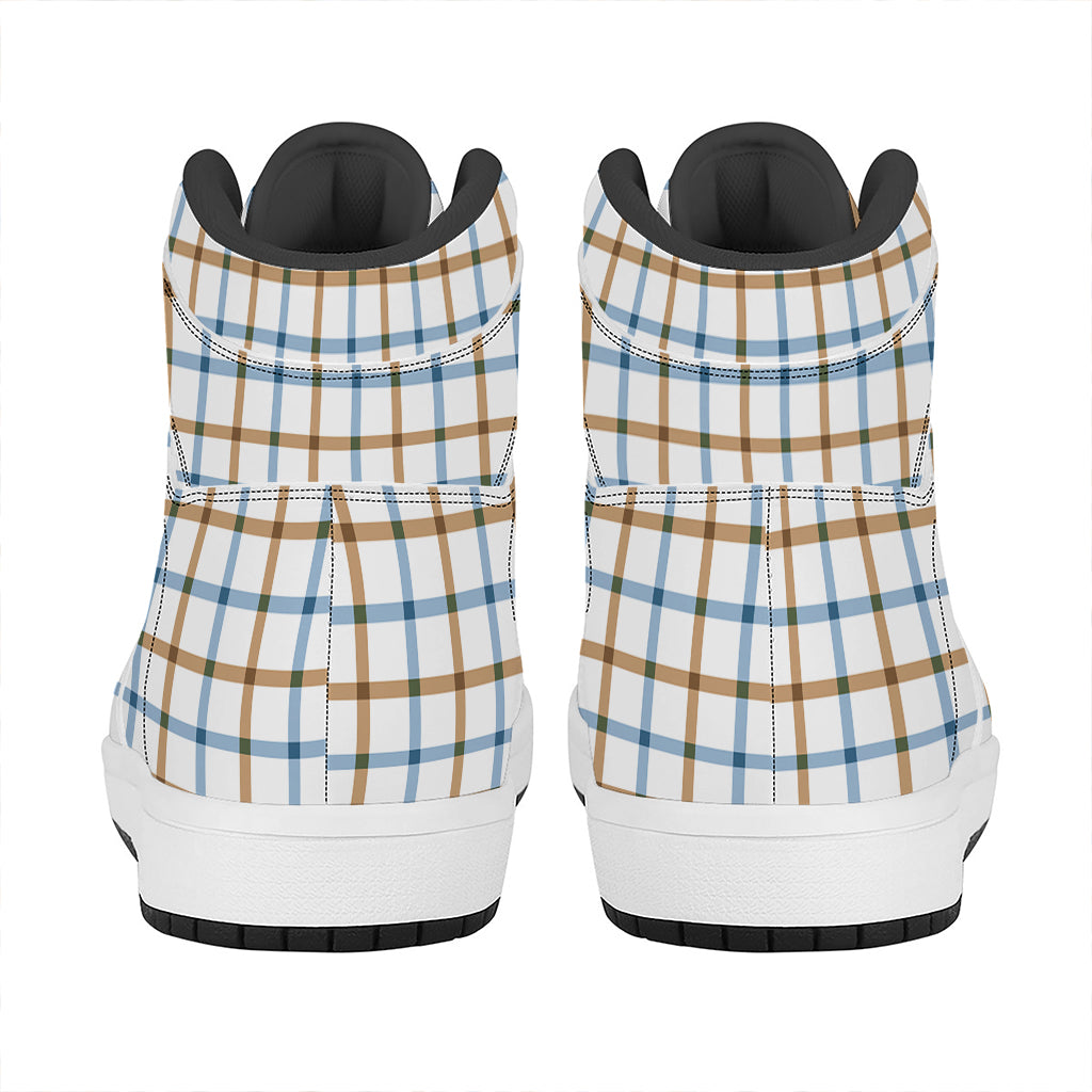Blue And Brown Tattersall Pattern Print High Top Leather Sneakers