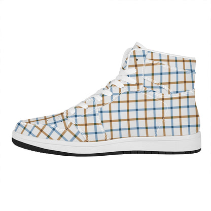 Blue And Brown Tattersall Pattern Print High Top Leather Sneakers