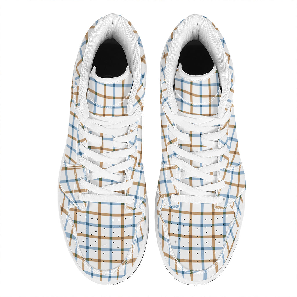 Blue And Brown Tattersall Pattern Print High Top Leather Sneakers