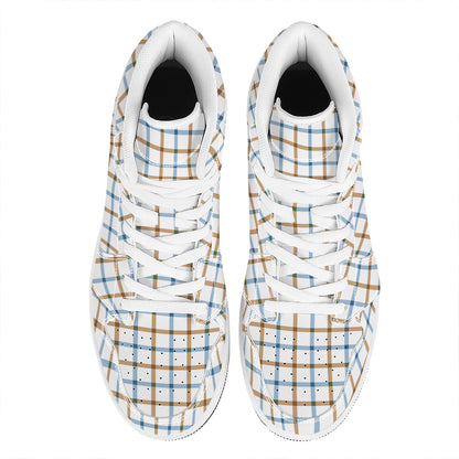 Blue And Brown Tattersall Pattern Print High Top Leather Sneakers