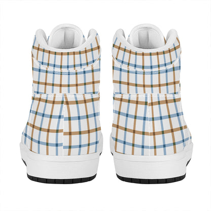 Blue And Brown Tattersall Pattern Print High Top Leather Sneakers