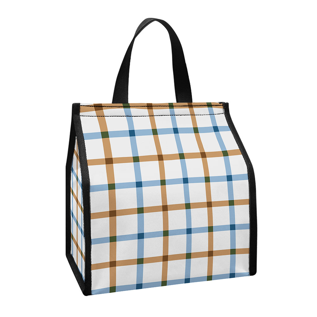 Blue And Brown Tattersall Pattern Print Insulated Lunch Tote