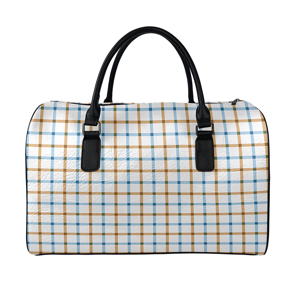 Blue And Brown Tattersall Pattern Print Leather Duffle Bag
