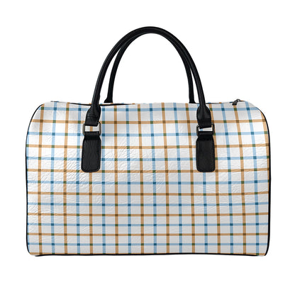 Blue And Brown Tattersall Pattern Print Leather Duffle Bag