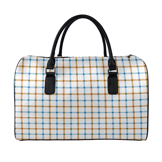 Blue And Brown Tattersall Pattern Print Leather Duffle Bag