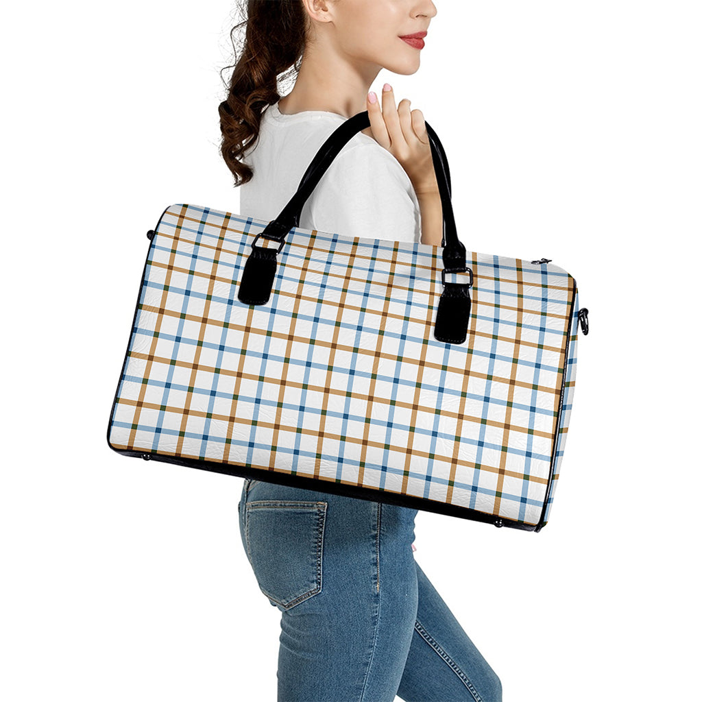 Blue And Brown Tattersall Pattern Print Leather Duffle Bag