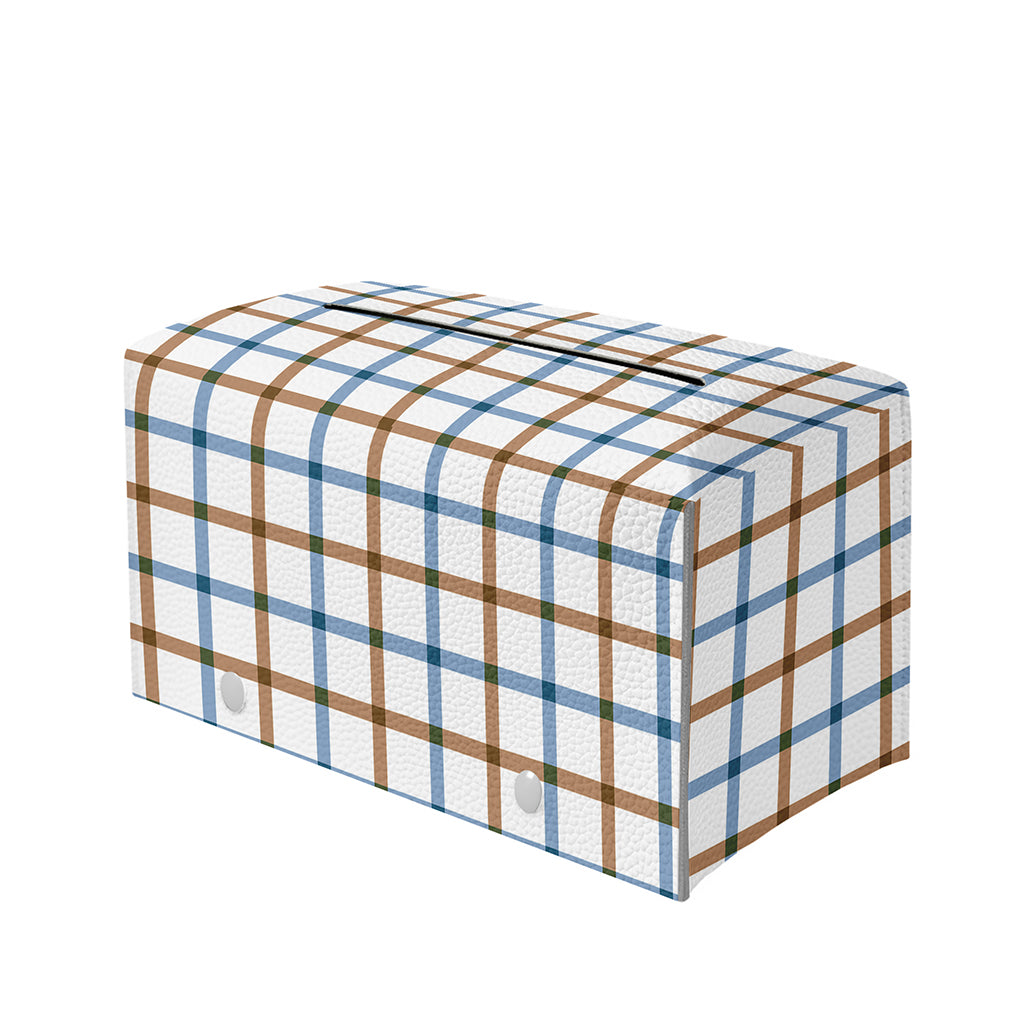 Blue And Brown Tattersall Pattern Print Leather Tissue Box Cover