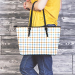 Blue And Brown Tattersall Pattern Print Leather Tote Bag