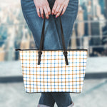 Blue And Brown Tattersall Pattern Print Leather Tote Bag