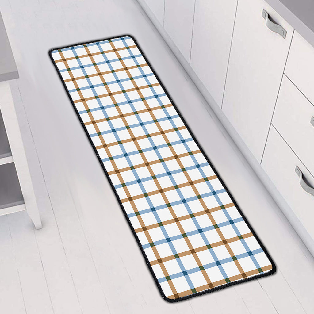 Blue And Brown Tattersall Pattern Print Long Kitchen Mat