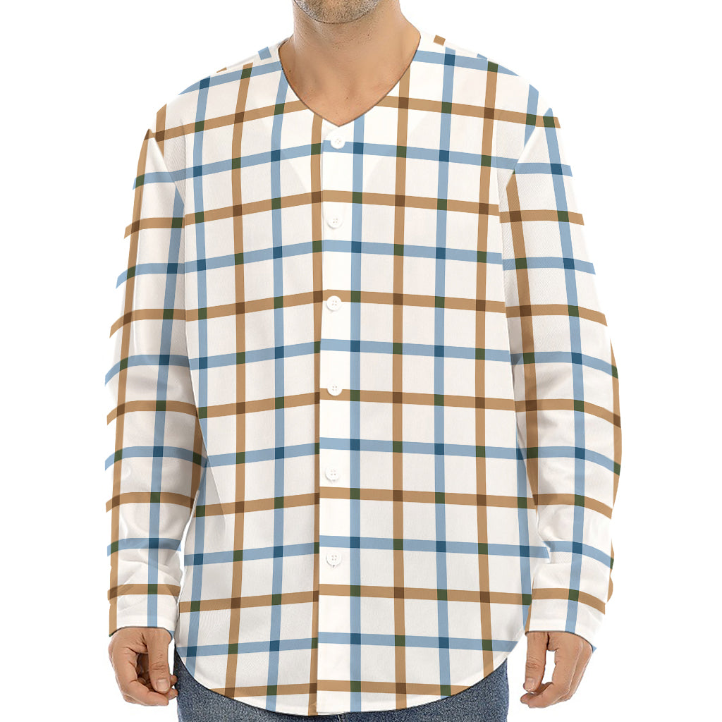Blue And Brown Tattersall Pattern Print Long Sleeve Baseball Jersey