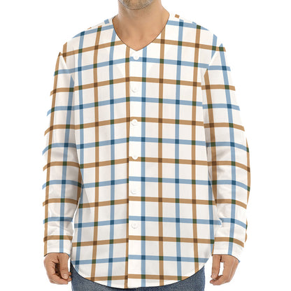 Blue And Brown Tattersall Pattern Print Long Sleeve Baseball Jersey