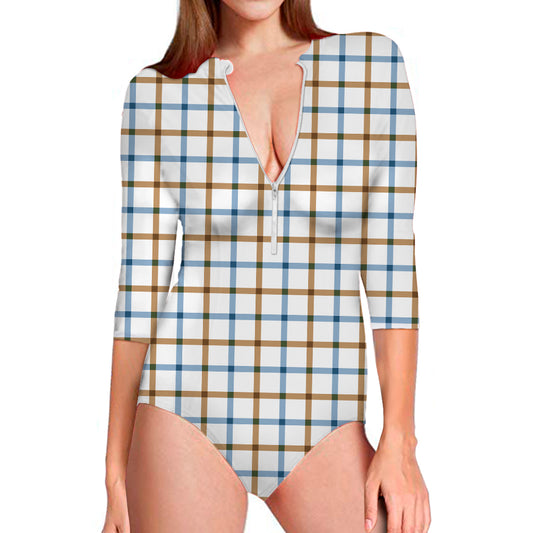 Blue And Brown Tattersall Pattern Print Long Sleeve Swimsuit
