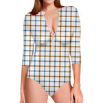 Blue And Brown Tattersall Pattern Print Long Sleeve Swimsuit