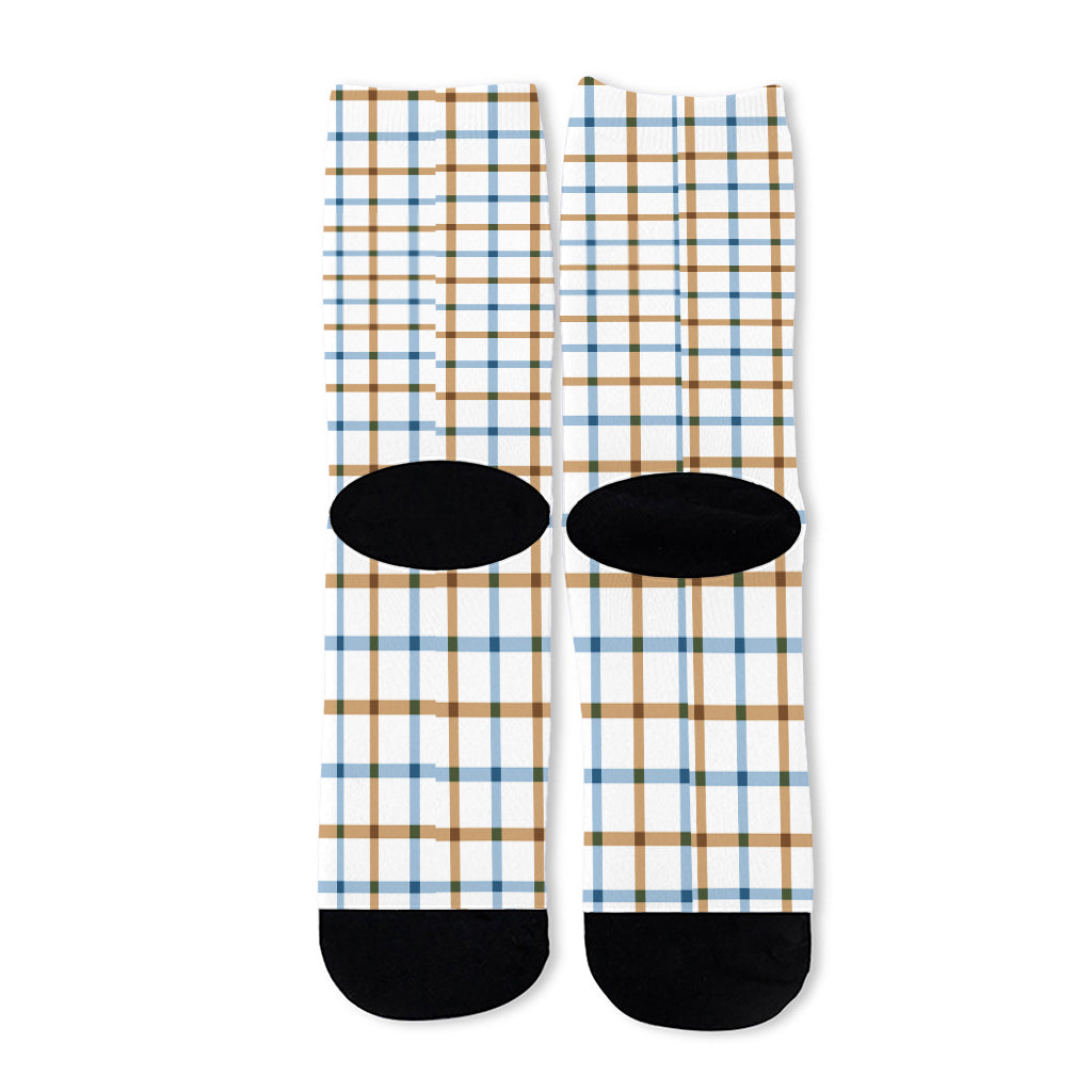Blue And Brown Tattersall Pattern Print Long Socks