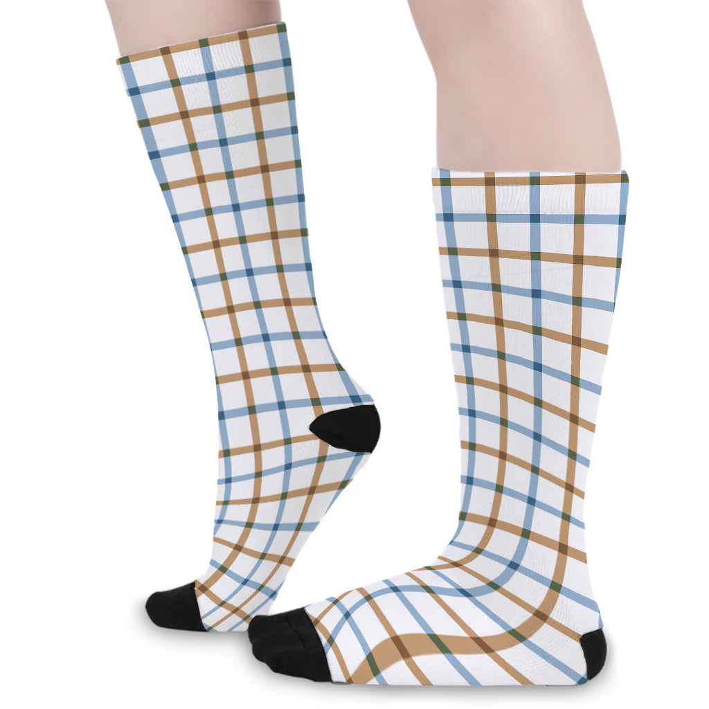 Blue And Brown Tattersall Pattern Print Long Socks