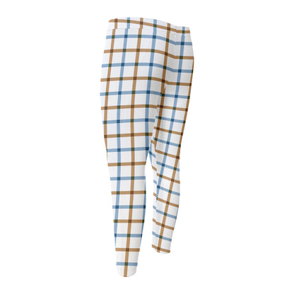 Blue And Brown Tattersall Pattern Print Men's Compression Pants