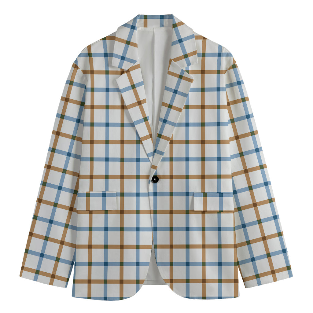 Blue And Brown Tattersall Pattern Print Men's Cotton Blazer