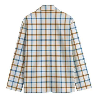 Blue And Brown Tattersall Pattern Print Men's Cotton Blazer