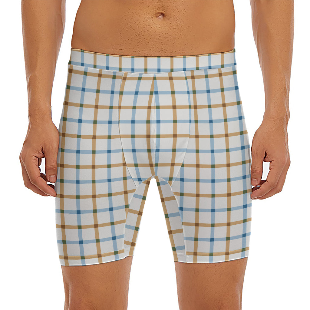 Blue And Brown Tattersall Pattern Print Men's Long Boxer Briefs