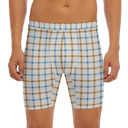 Blue And Brown Tattersall Pattern Print Men's Long Boxer Briefs