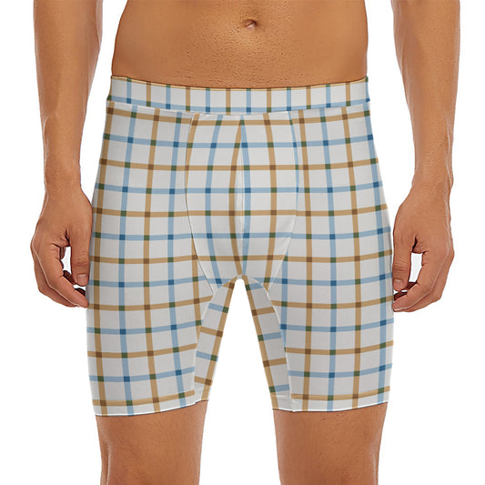 Blue And Brown Tattersall Pattern Print Men's Long Boxer Briefs