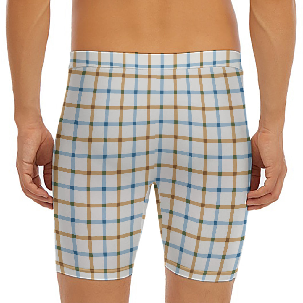 Blue And Brown Tattersall Pattern Print Men's Long Boxer Briefs