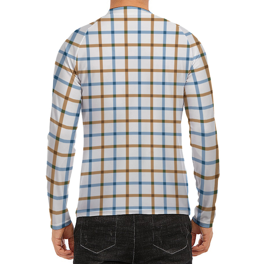 Blue And Brown Tattersall Pattern Print Men's Long Sleeve Rash Guard