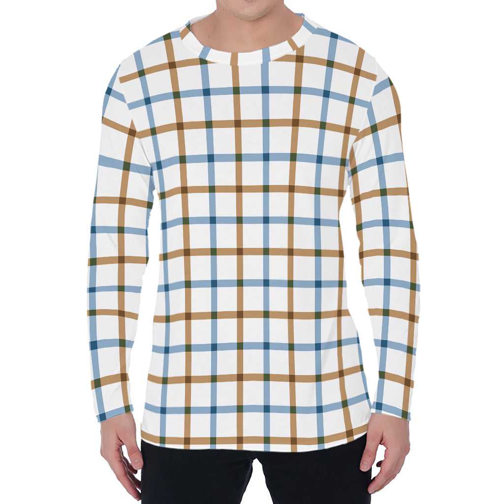 Blue And Brown Tattersall Pattern Print Men's Long Sleeve T-Shirt