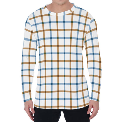 Blue And Brown Tattersall Pattern Print Men's Long Sleeve T-Shirt