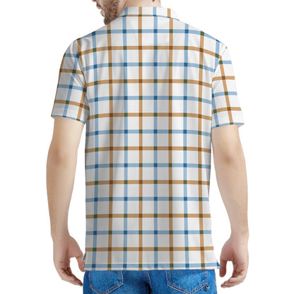 Blue And Brown Tattersall Pattern Print Men's Polo Shirt