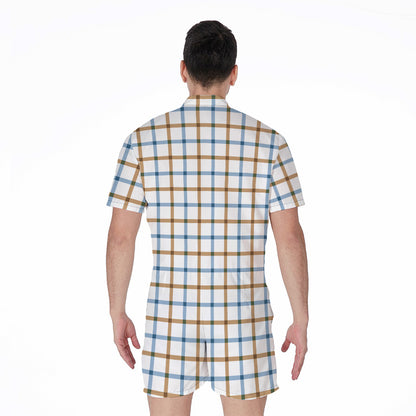 Blue And Brown Tattersall Pattern Print Men's Rompers