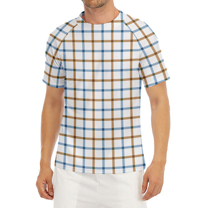 Blue And Brown Tattersall Pattern Print Men's Short Sleeve Rash Guard