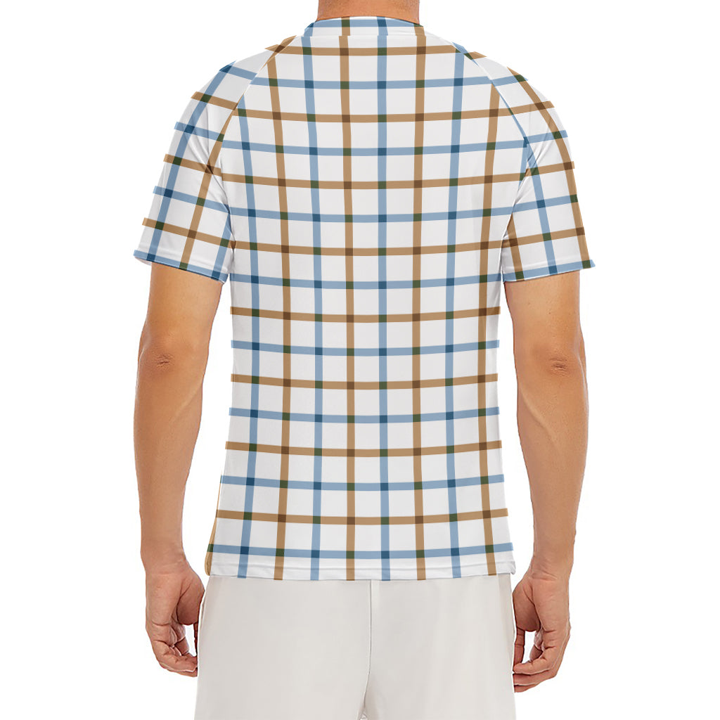 Blue And Brown Tattersall Pattern Print Men's Short Sleeve Rash Guard