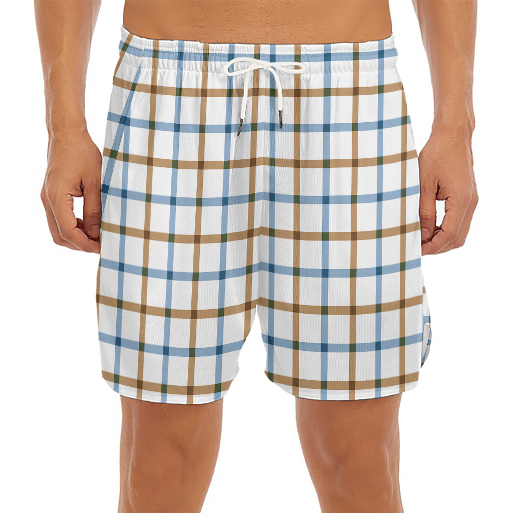 Blue And Brown Tattersall Pattern Print Men's Split Running Shorts