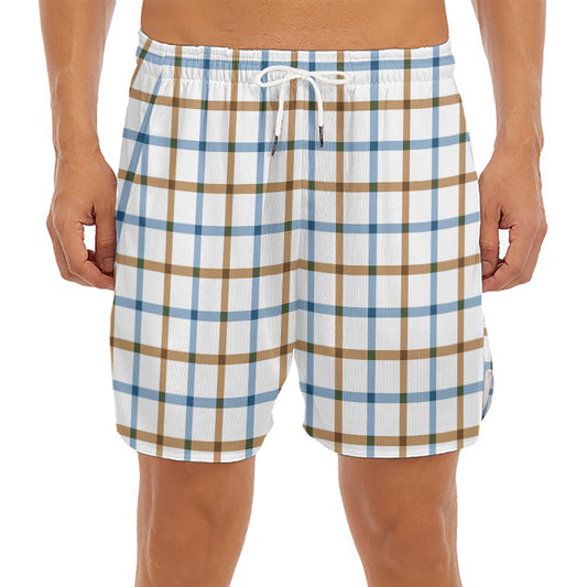 Blue And Brown Tattersall Pattern Print Men's Split Running Shorts