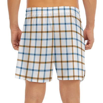 Blue And Brown Tattersall Pattern Print Men's Split Running Shorts