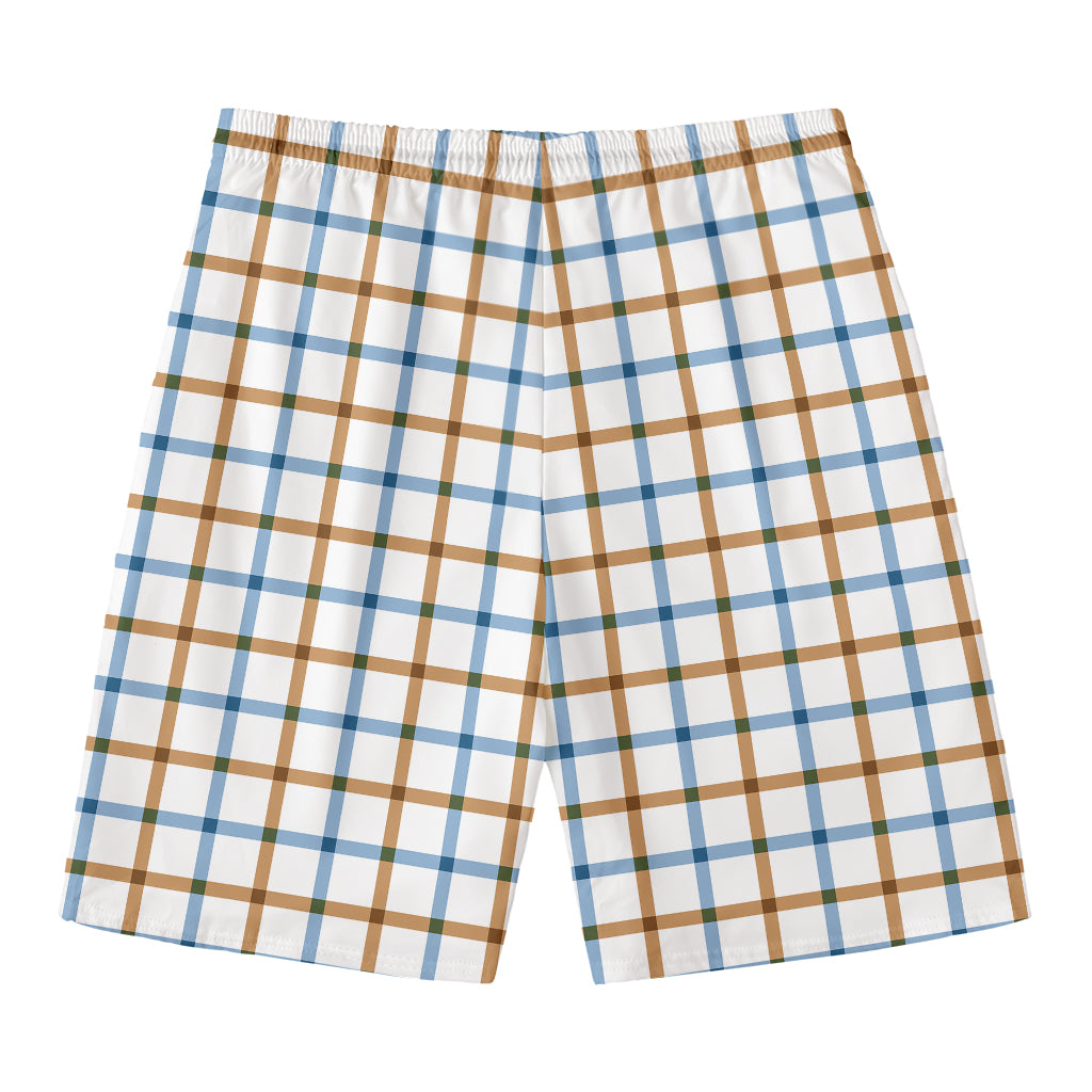 Blue And Brown Tattersall Pattern Print Men's Swim Trunks