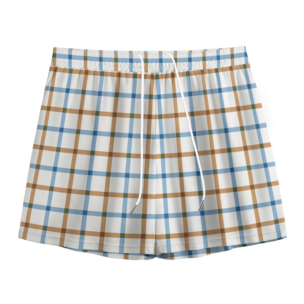 Blue And Brown Tattersall Pattern Print Mesh Shorts