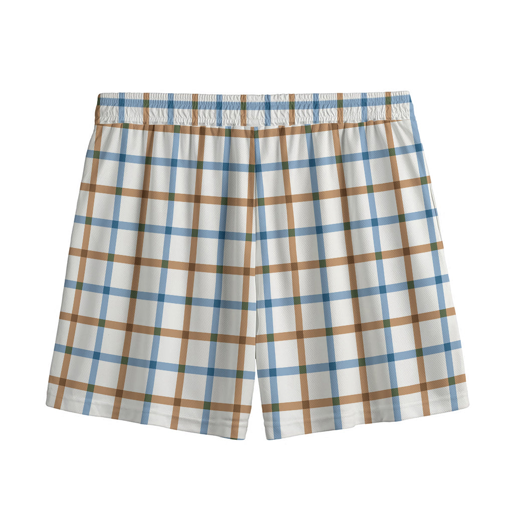Blue And Brown Tattersall Pattern Print Mesh Shorts