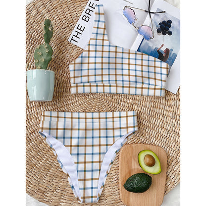 Blue And Brown Tattersall Pattern Print One Shoulder Bikini Top