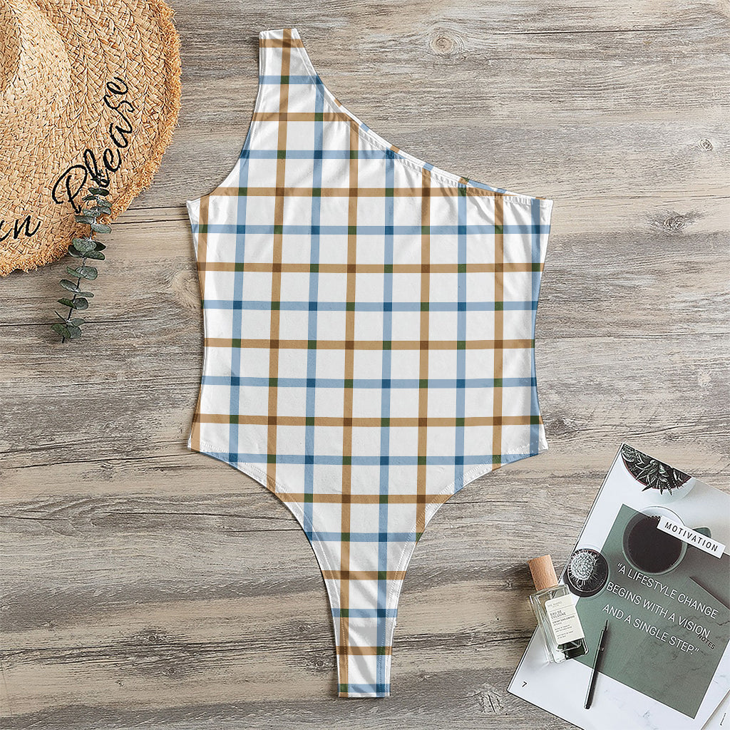 Blue And Brown Tattersall Pattern Print One Shoulder Bodysuit