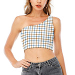 Blue And Brown Tattersall Pattern Print One Shoulder Crop Top