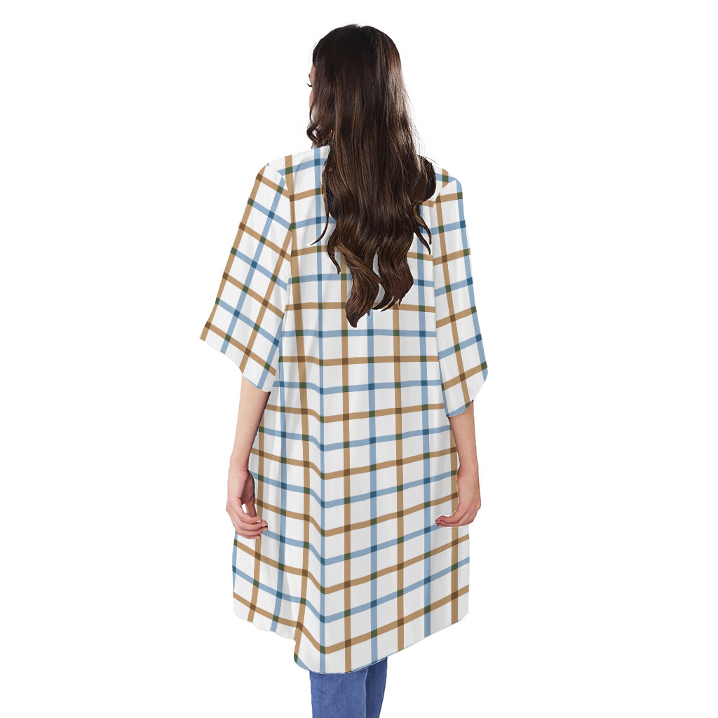 Blue And Brown Tattersall Pattern Print Open Front Beach Cover Up