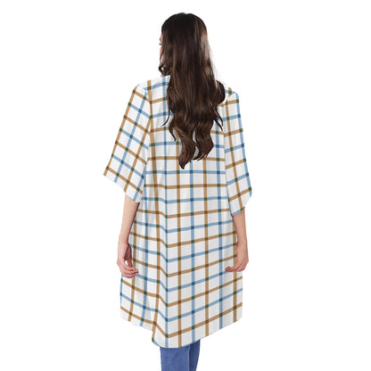 Blue And Brown Tattersall Pattern Print Open Front Beach Cover Up