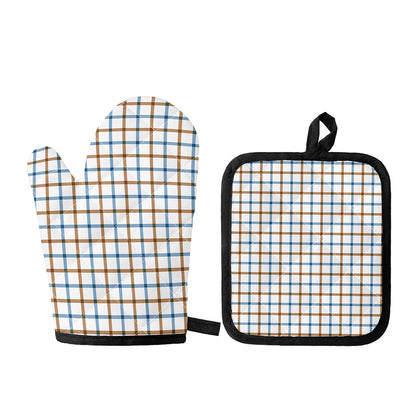 Blue And Brown Tattersall Pattern Print Oven Mitt And Pot Holder Set