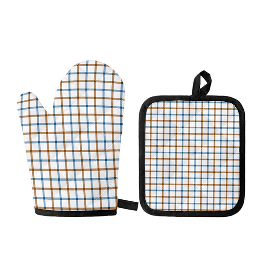 Blue And Brown Tattersall Pattern Print Oven Mitt And Pot Holder Set