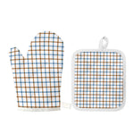 Blue And Brown Tattersall Pattern Print Oven Mitt And Pot Holder Set
